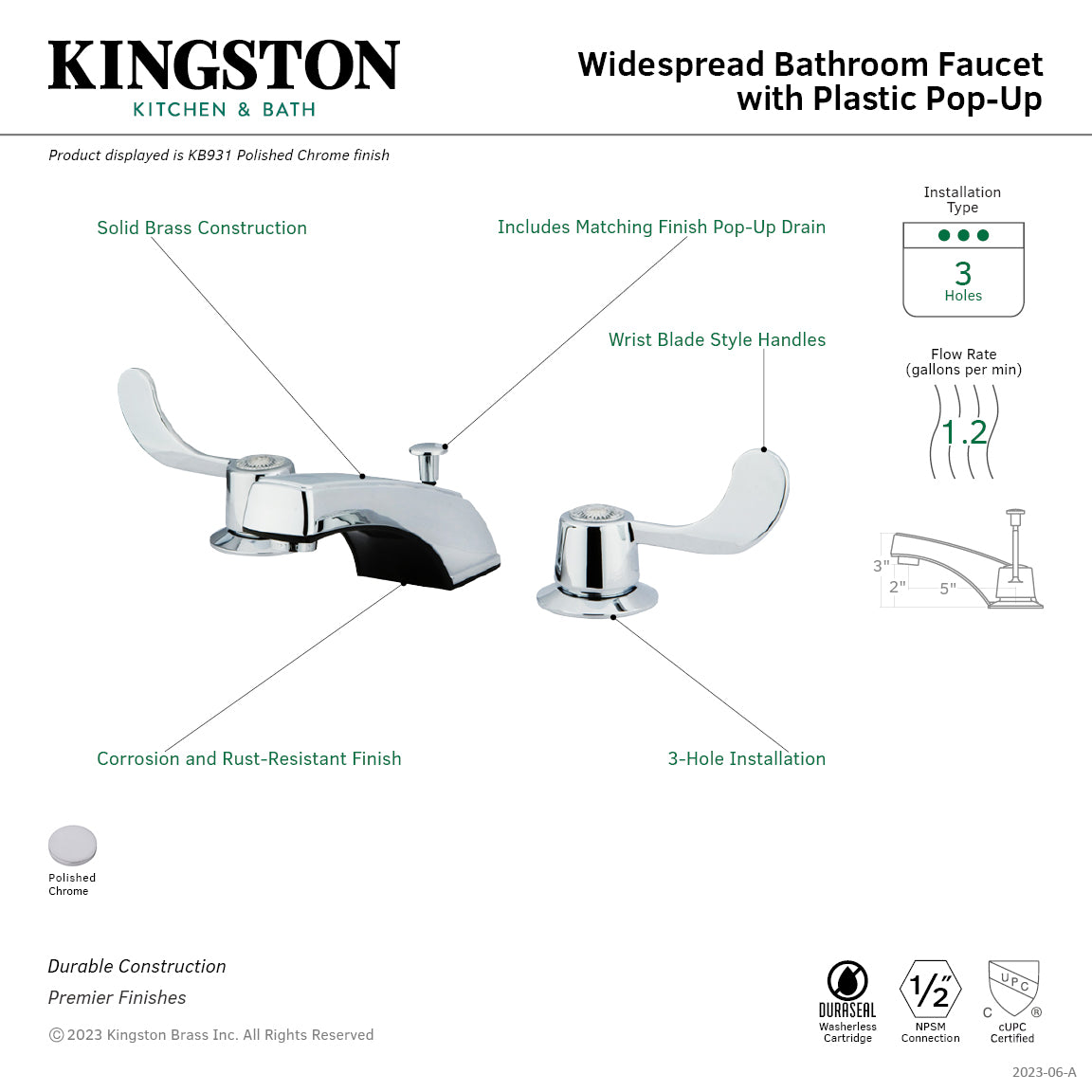 Kingston Vista KB931 Two-Handle 3-Hole Deck Mount Widespread Bathroom Faucet with ABS Pop-Up Drain, Polished Chrome — image 1